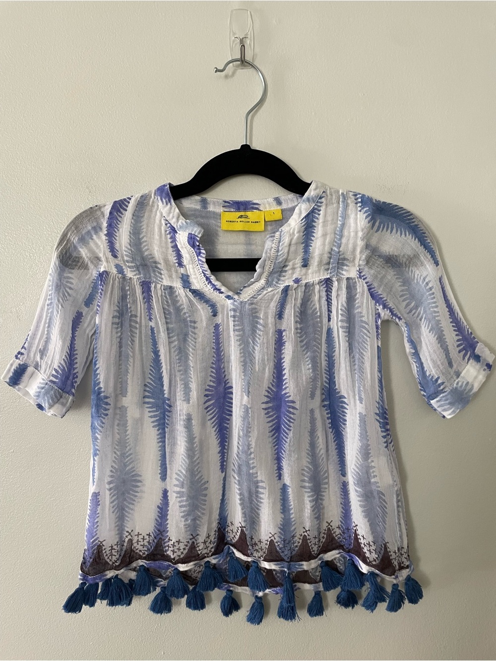 Roberta Roller Rabbit White & Blue Tassel-Trim Tunic Top